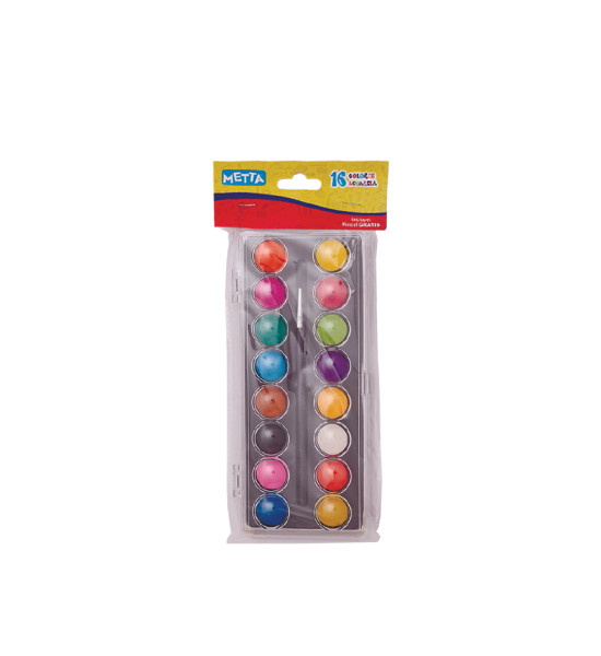 Acuarelas, Col. Básicos, Caja x 16 Und. (22 mm x Und) + Pincel, Set.